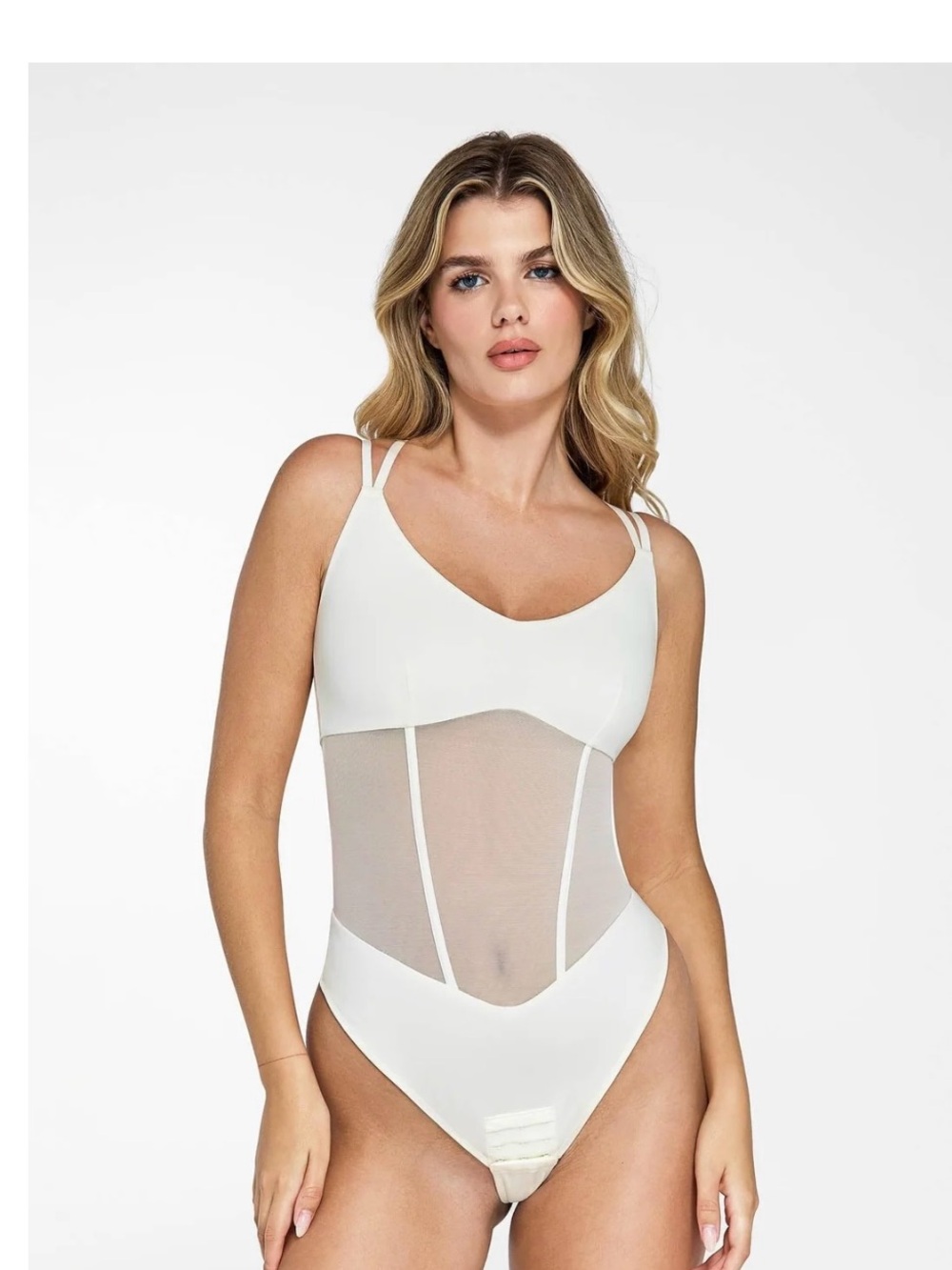Popilush White Sheer Mesh Tummy Control Shapewear Bodysuit Size L